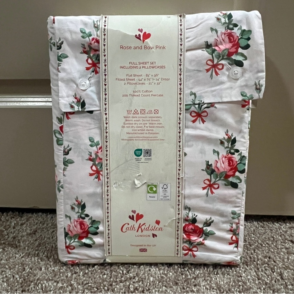 CATH KIDSTON Cotton Rose and Bow PINK Love 4pc Sheet Set Coquette FULL Soft - Picture 5 of 5